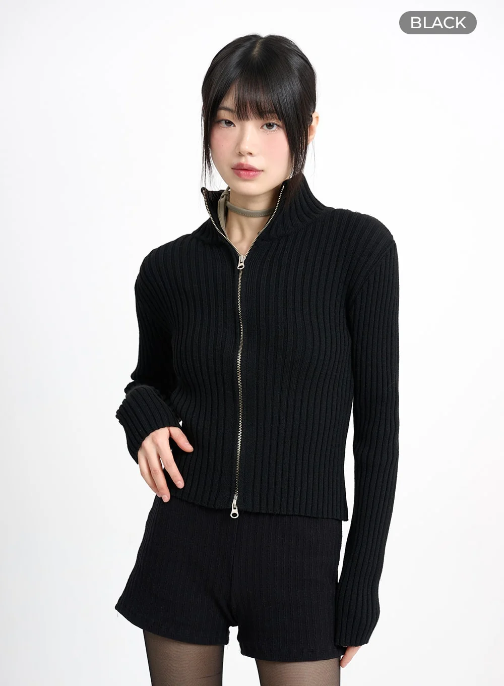 Wool-Blend Knit Zipper Long Sleeve Collared Top CM415 - Image 9