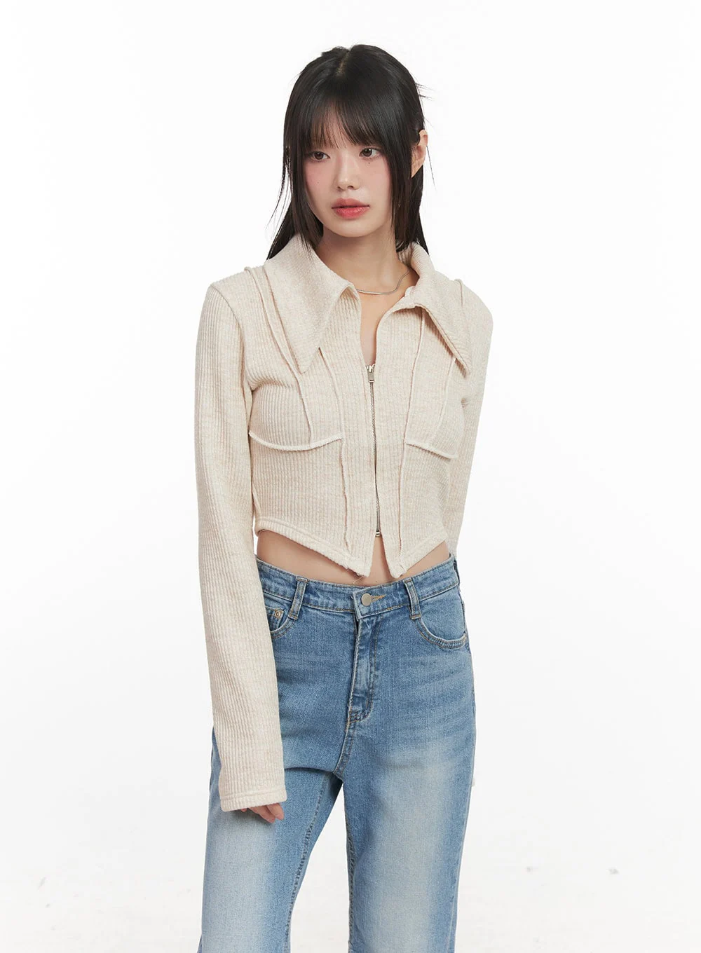 Zip-Up Collared Long-Sleeve Crop Top CJ523 - Image 7