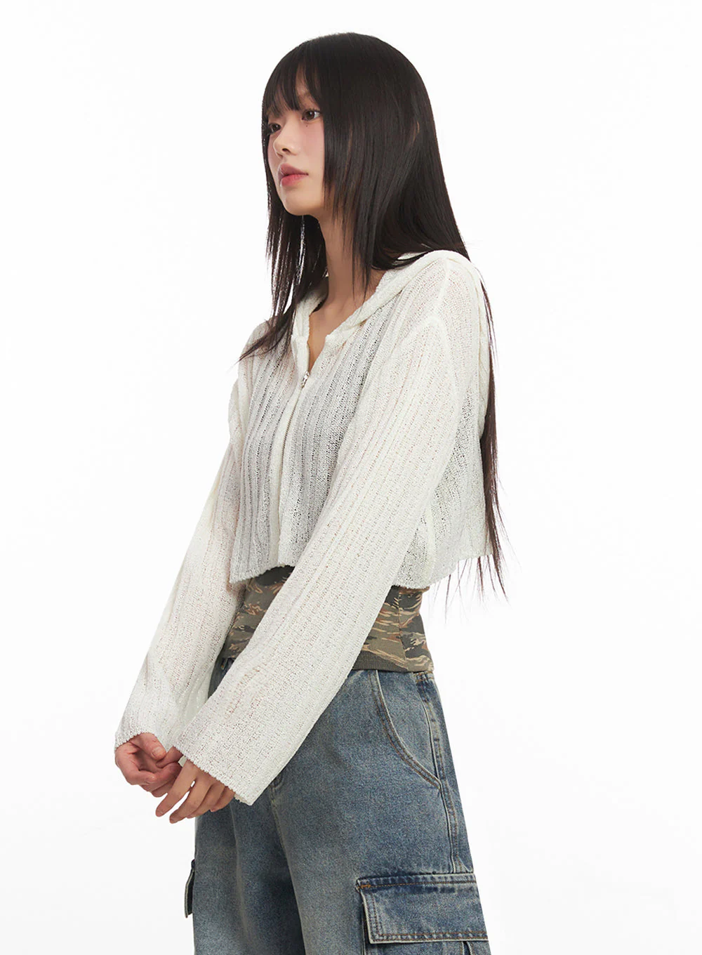 Zip-Up Sheer Hooded Cardigan IA528 - Image 13